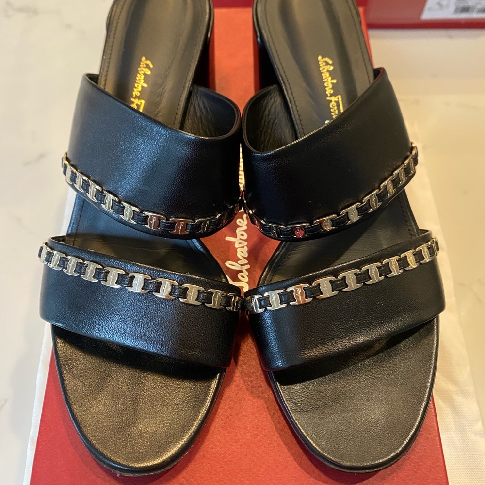 Ferragamo Trabia Embellished Block Heel slide Sandals in Black